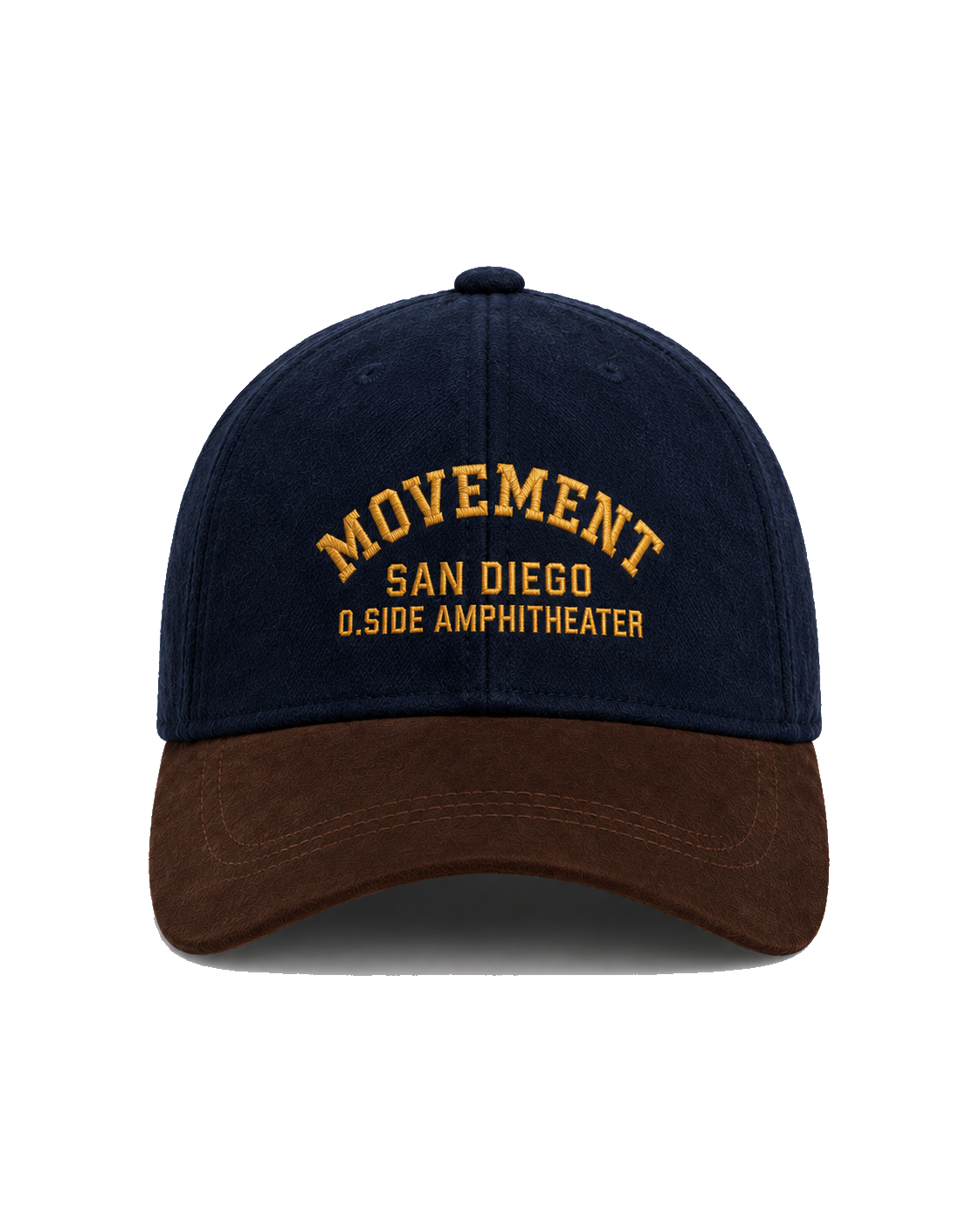 Navy and brown Movement San Diego hat with gold embroidery mockup